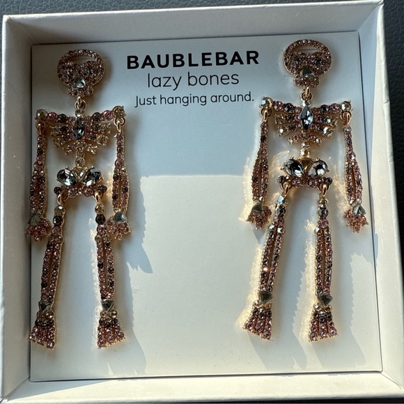 Baublebar Lazy Bones Crystal Skeleton Halloween Earrings Dangle NEW In Box - Picture 1 of 4